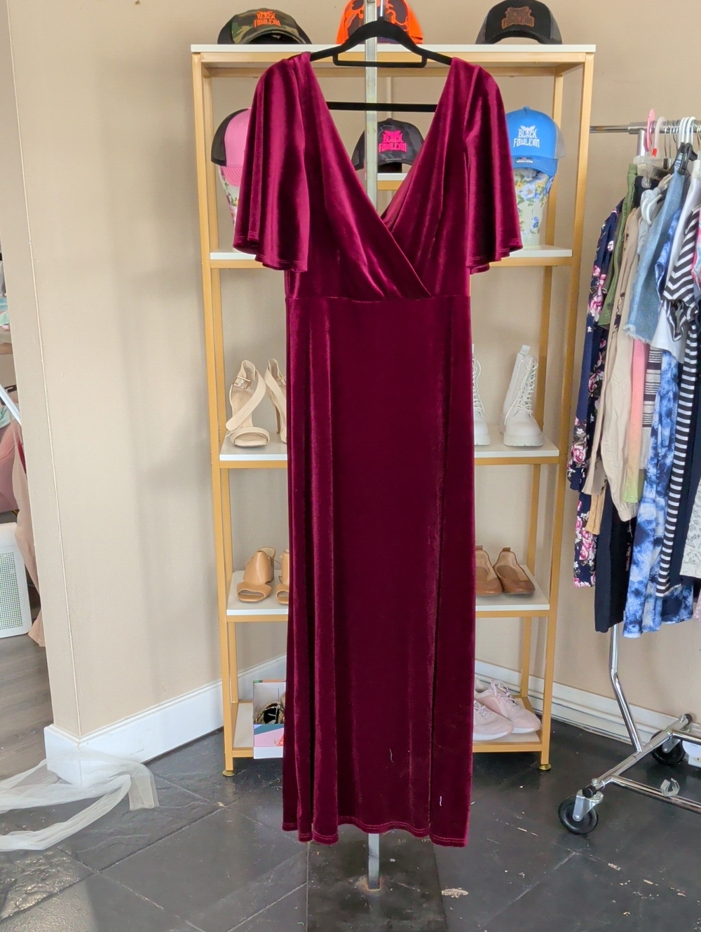 Ever Pretty Burgundy Velvet Wrap Maxi Dress with Flutter Sleeves